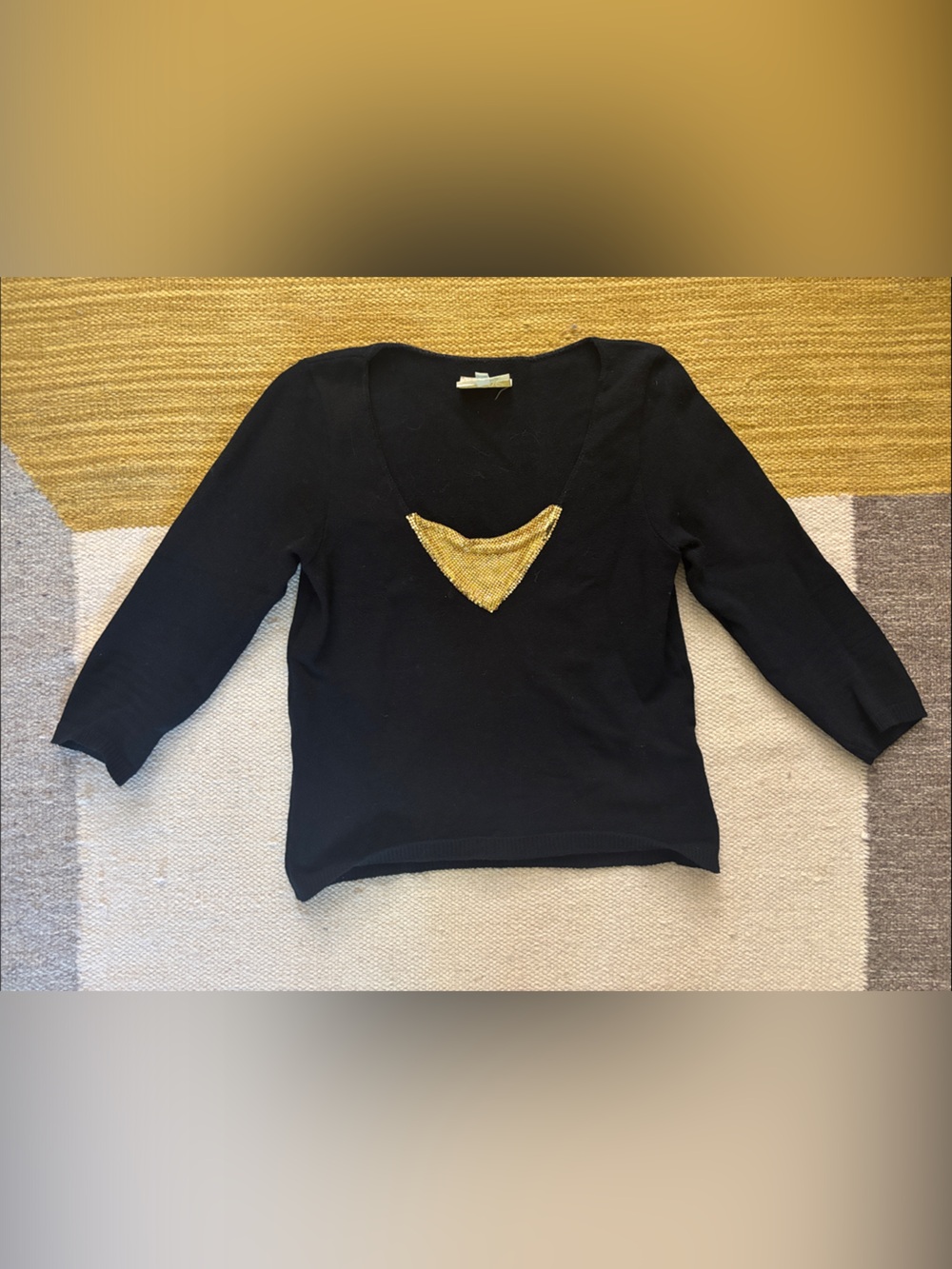 Cache Black V-Neck Sweater with Gold Trim